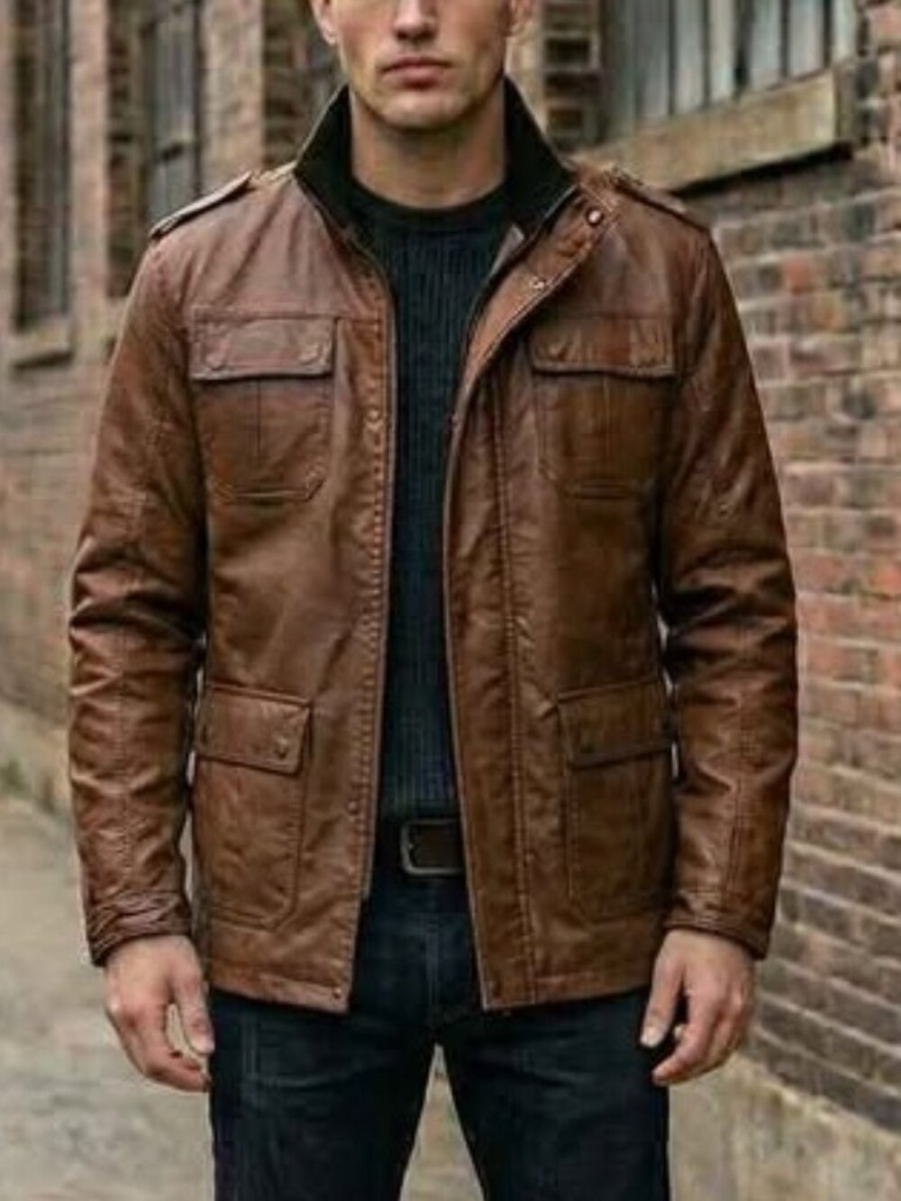 Britches Brown Mens Vegan Leather Field Jacket utility Pockets, Large